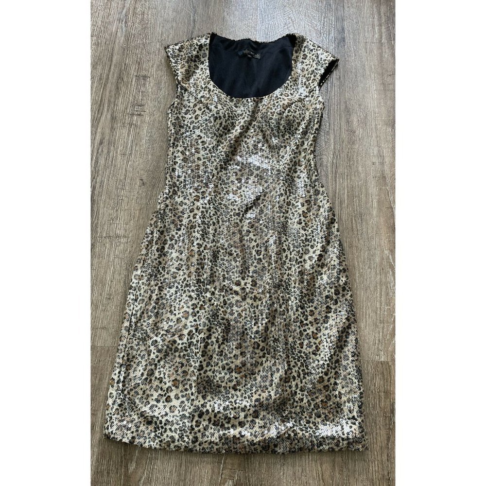 Sue Wong Womens Sequined Leopard Print Cocktail Dress Beige Sz 2